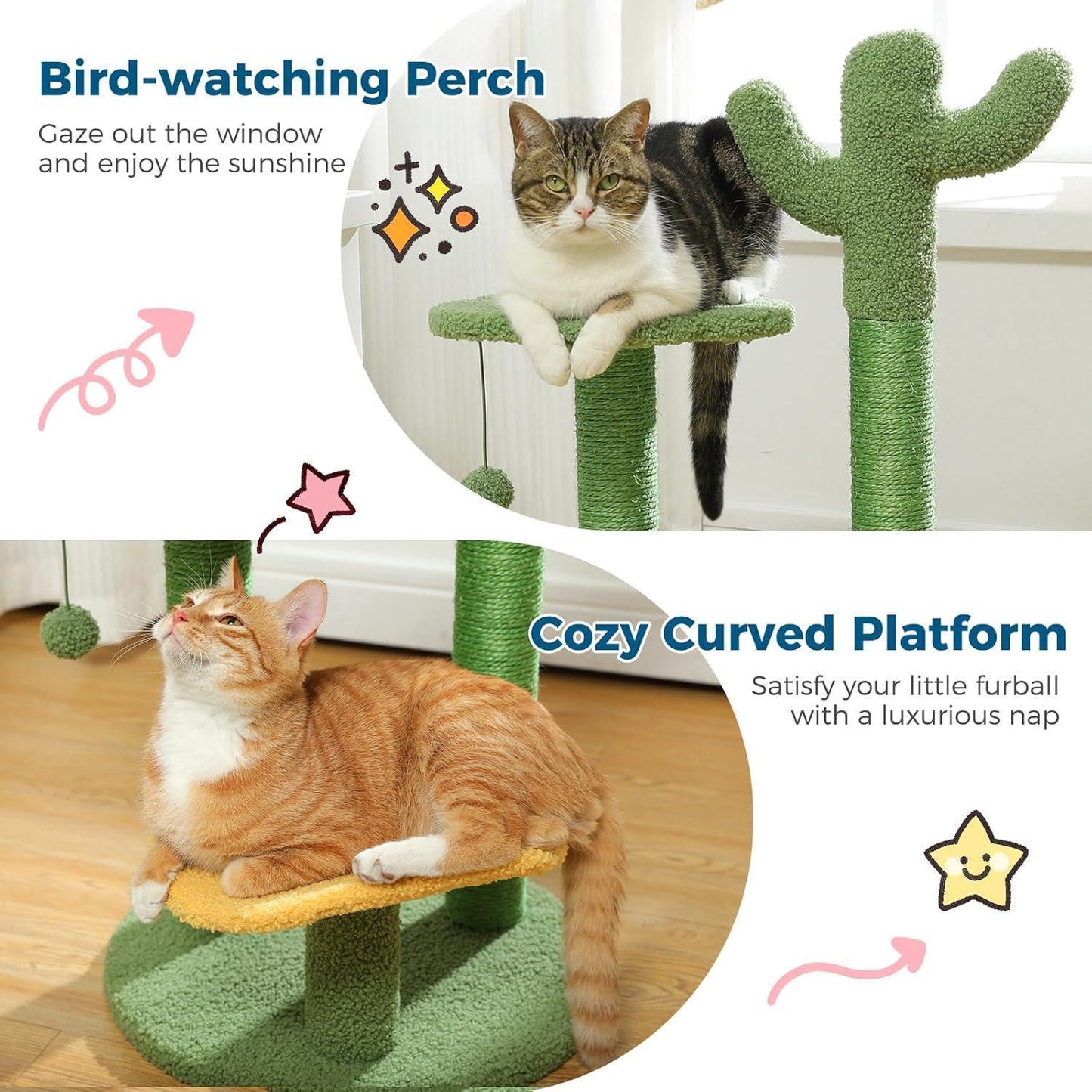 26” Cactus Cat Tree With Bird's Eye View, Flower Perch and Soft Cactus Top