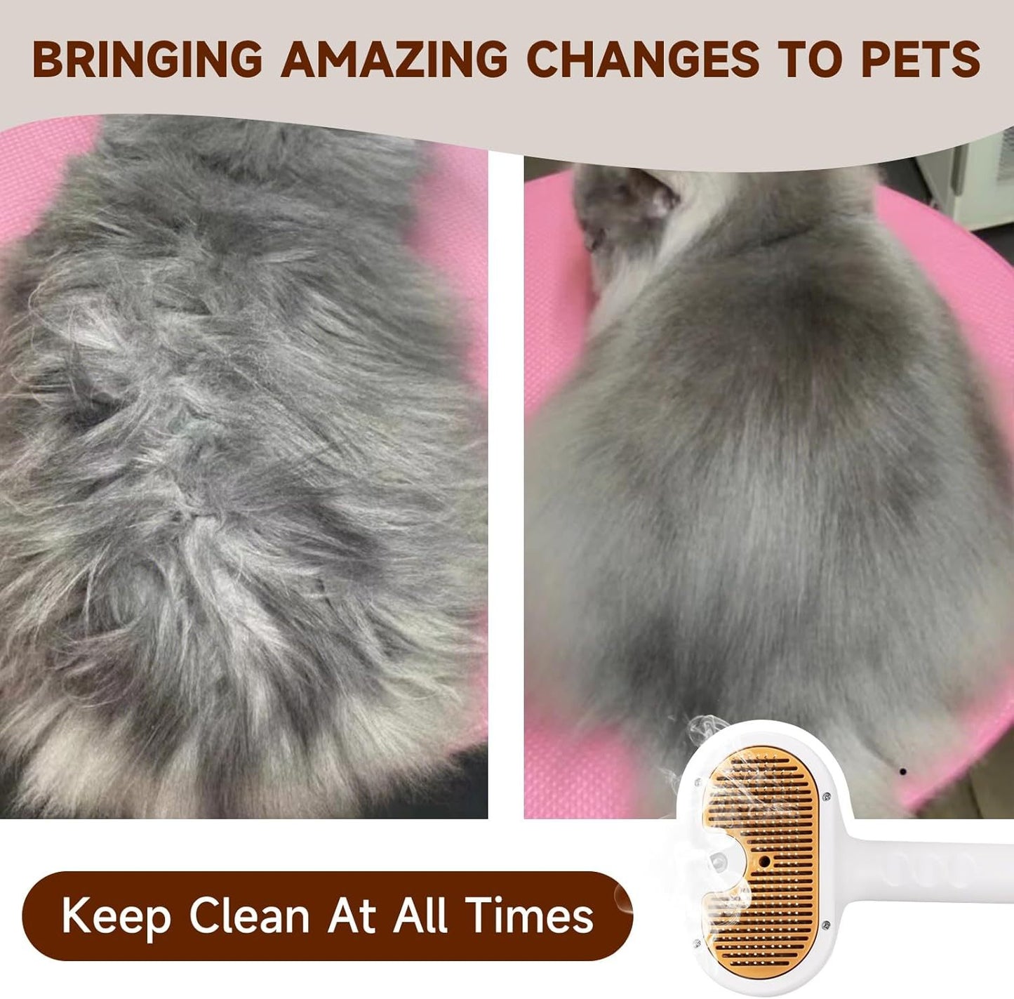 3-in-1 Steam Brush + Hair Removal Comb with Waterless Shampoo for Cats & Dogs
