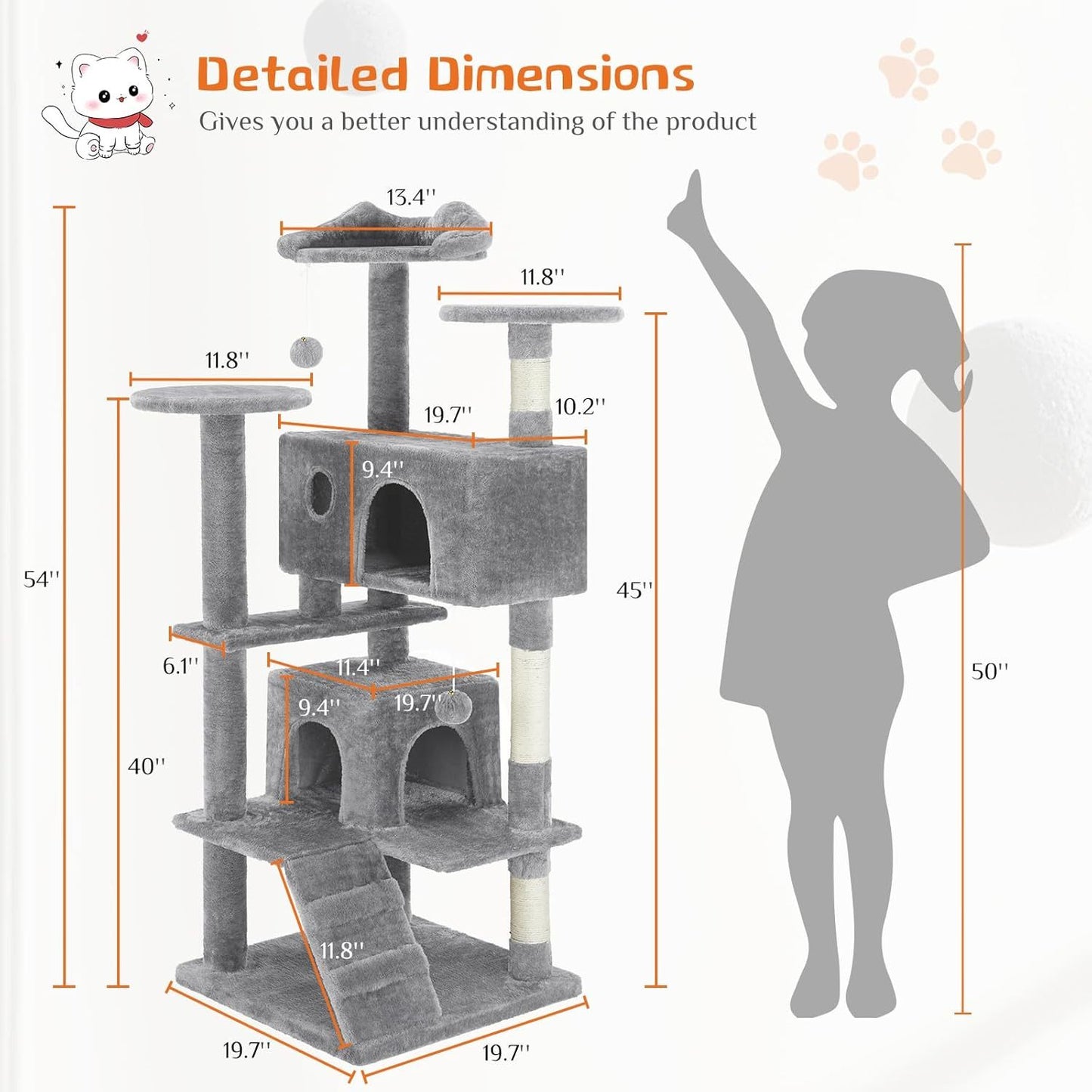 54” Multi-level Cat Tower with Sisal Grab Post