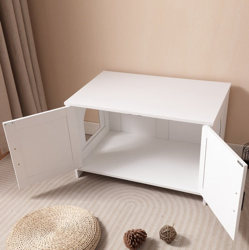 White Wooden Cat Litter Box Furniture with Enclosure
