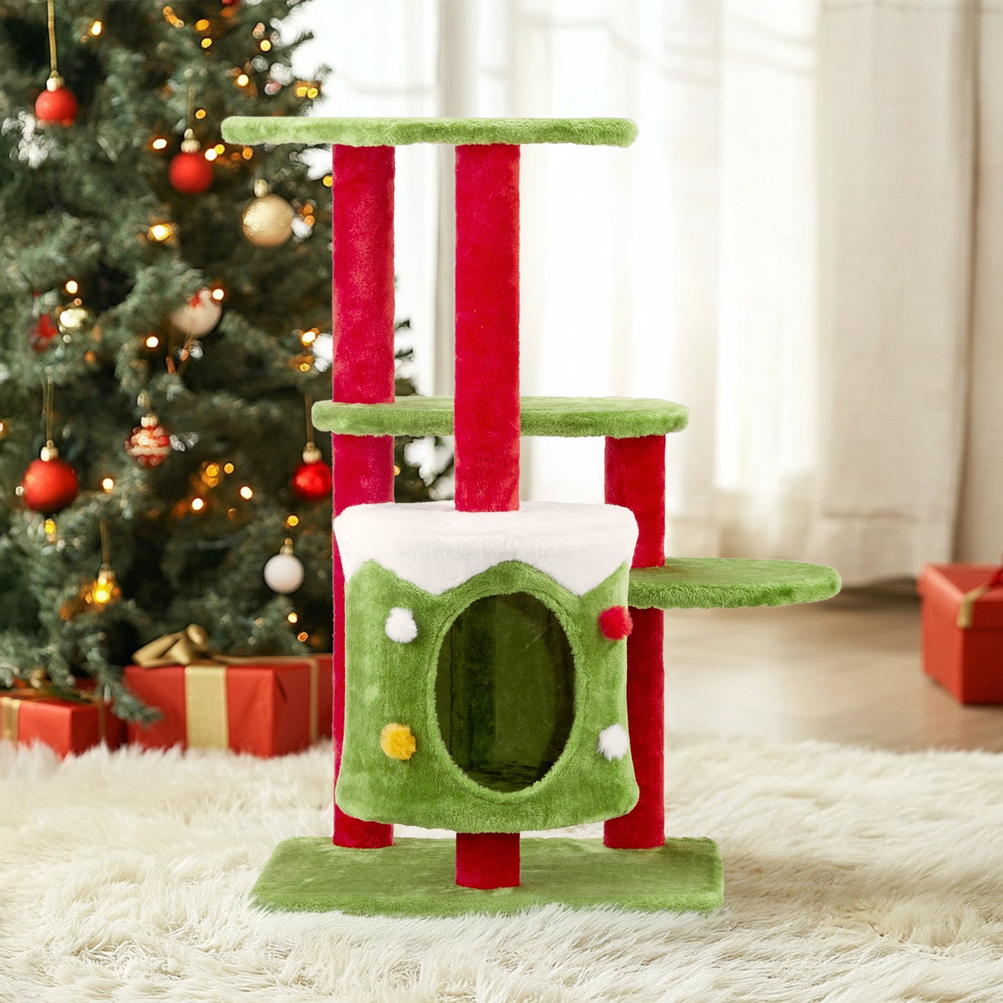 Festive 32” 3-Level Christmas Themed Cat Tower with Climbing Frame