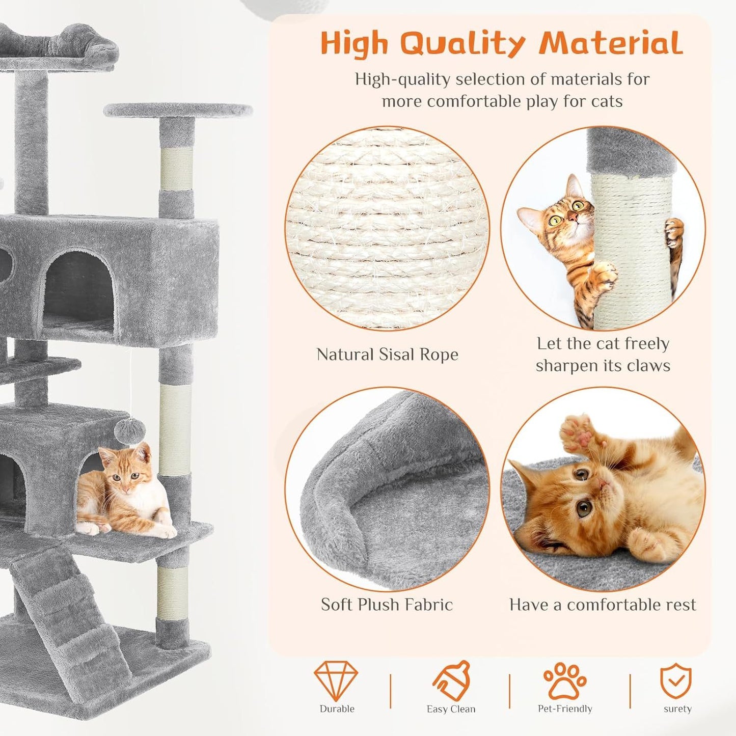 54” Multi-level Cat Tower with Sisal Grab Post
