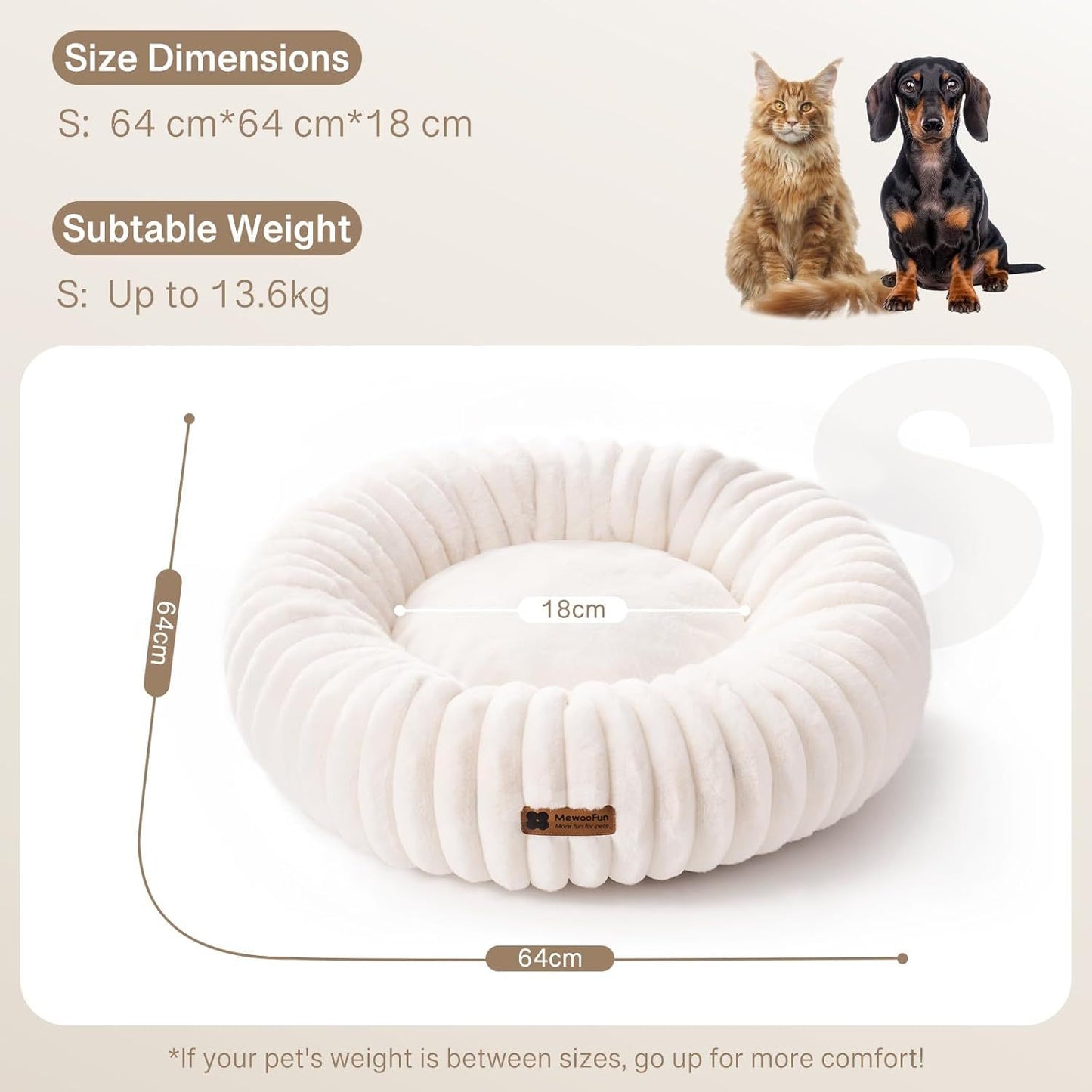 MEWOOFUN Cream Fluffy Round Donut Bed with Non-Slip Bottom for Cats & Dogs