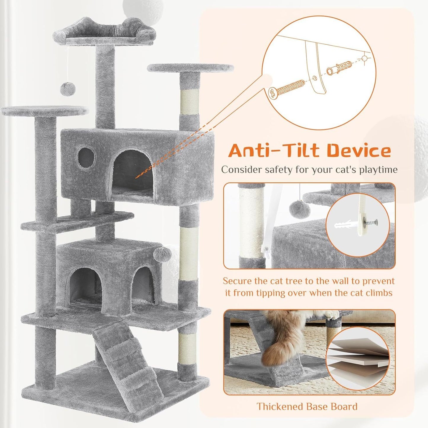 54” Multi-level Cat Tower with Sisal Grab Post