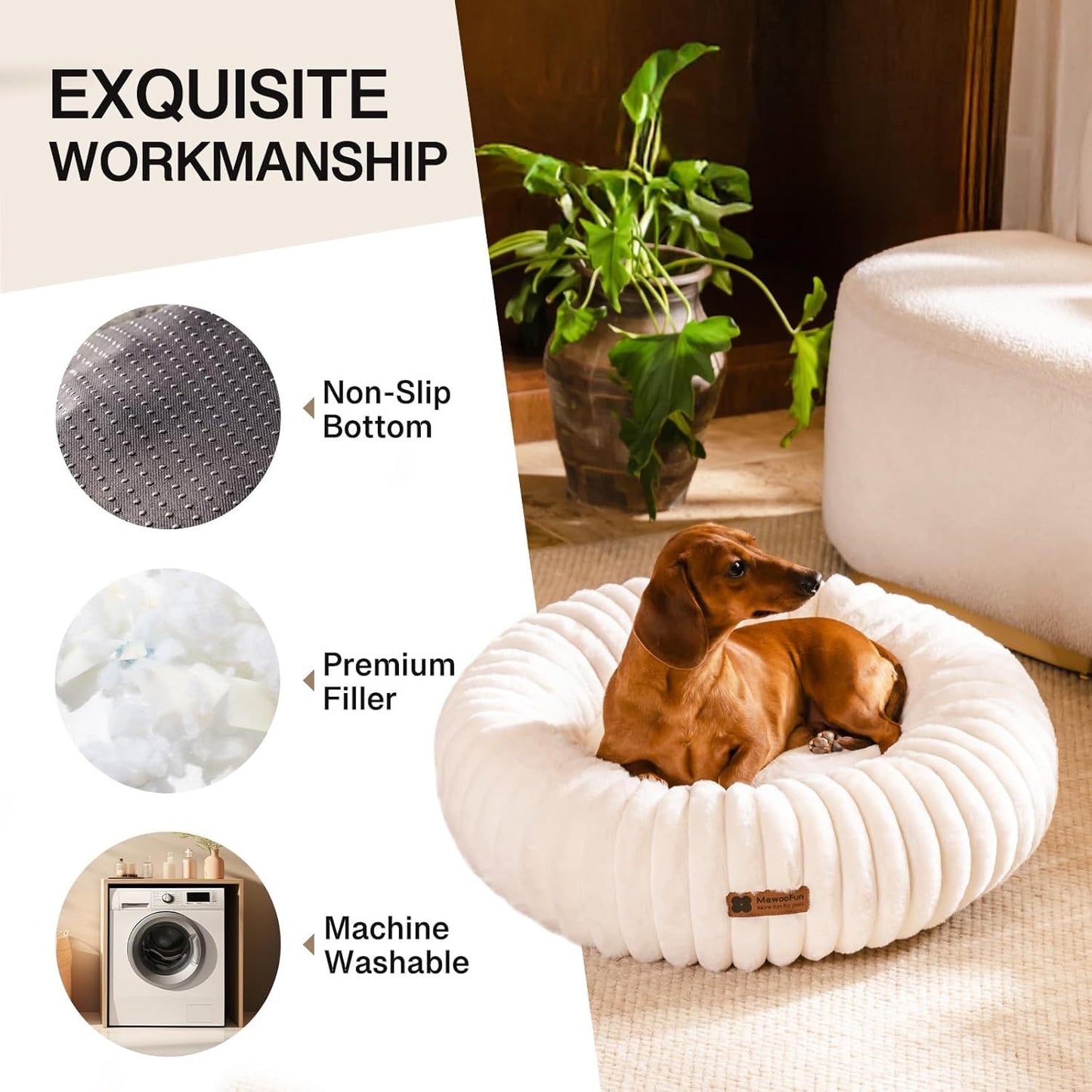 MEWOOFUN Cream Fluffy Round Donut Bed with Non-Slip Bottom for Cats & Dogs