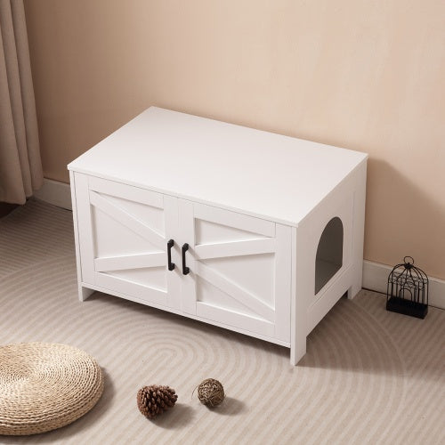 White Wooden Cat Litter Box Furniture with Enclosure