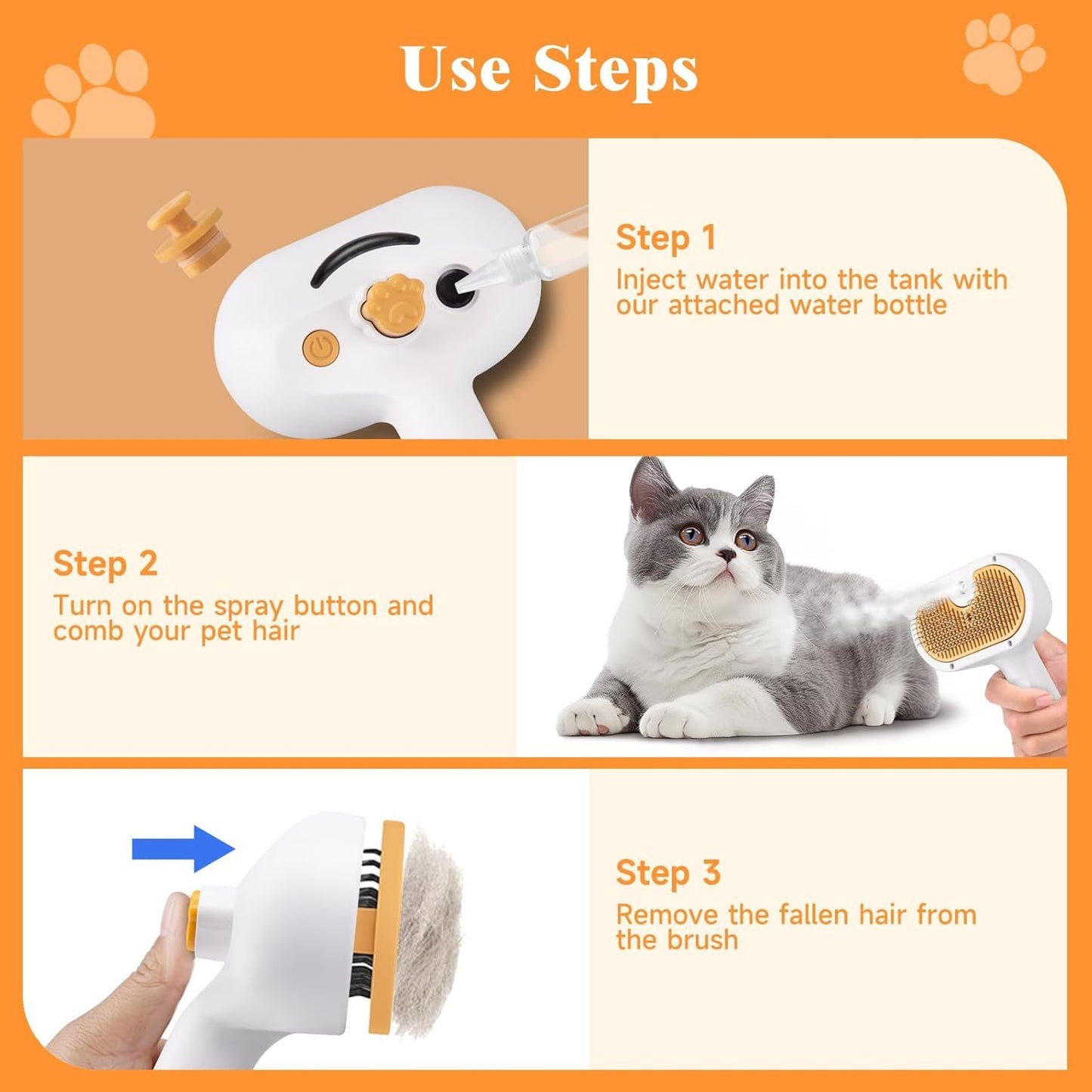3-in-1 Steam Brush + Hair Removal Comb with Waterless Shampoo for Cats & Dogs