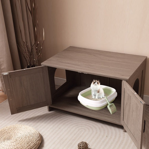 White Wooden Cat Litter Box Furniture with Enclosure