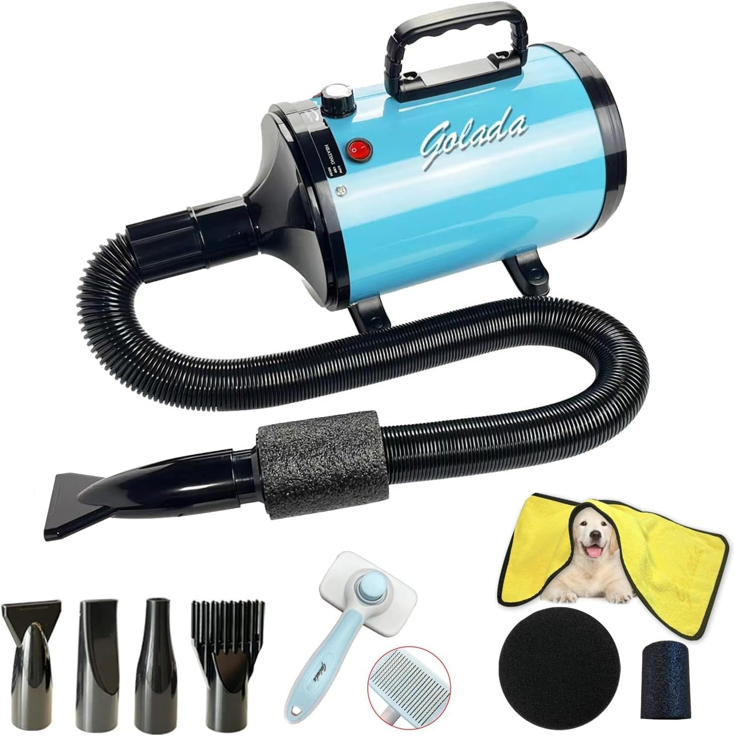 Golada Professional-Grade Grooming Blow Dryer with 4 Detachable Nozzles for Cats & Dogs