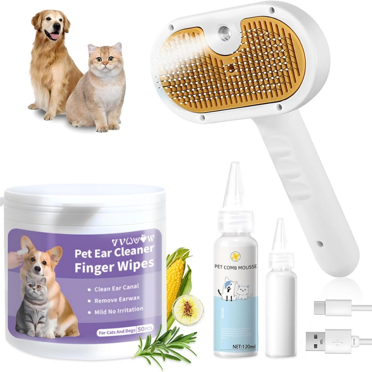 3-in-1 Steam Brush + Hair Removal Comb with Waterless Shampoo for Cats & Dogs