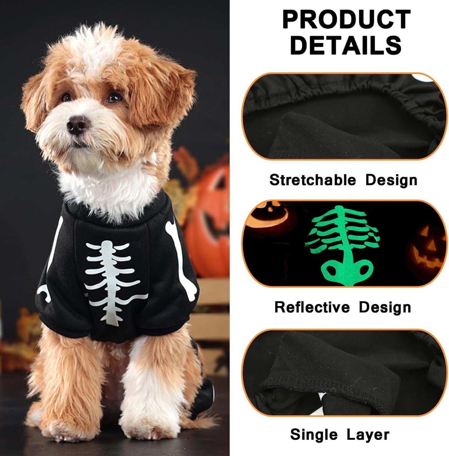 Comfortable Glow in the Dark Skeleton Halloween Costume for Cats & Dogs