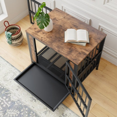 Contemporary Polished Wooden Kennel with Iron Bars for Dogs
