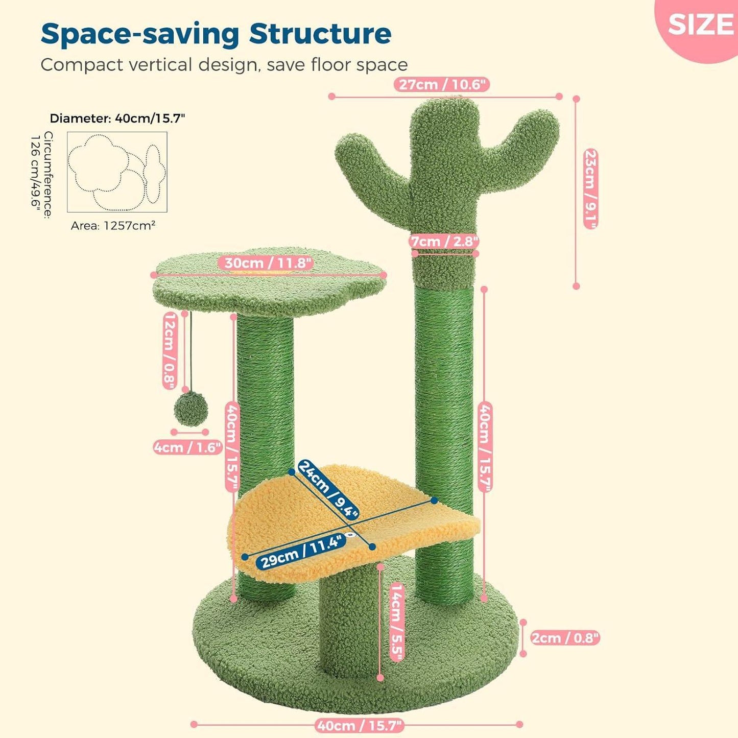26” Cactus Cat Tree With Bird's Eye View, Flower Perch and Soft Cactus Top