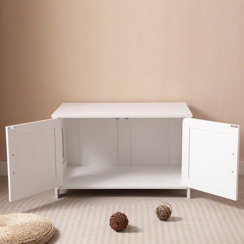 White Wooden Cat Litter Box Furniture with Enclosure
