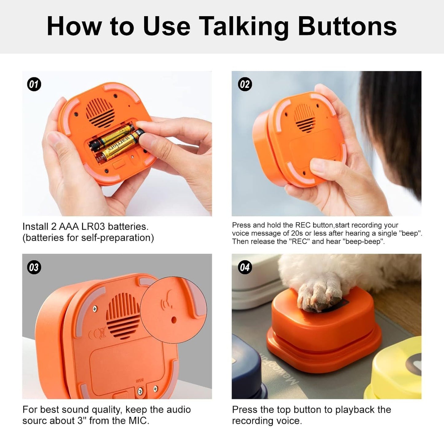 MEWOOFUN Talking Training Button Set - 3 Recordable Communication Buttons (IQ Interactive) for Cats & Dogs