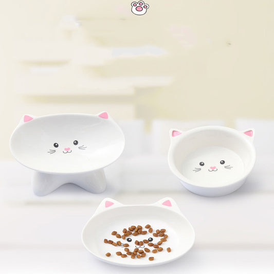 Small Ceramic Cute Face Feeding Bowl Set for Cats & Small Dogs