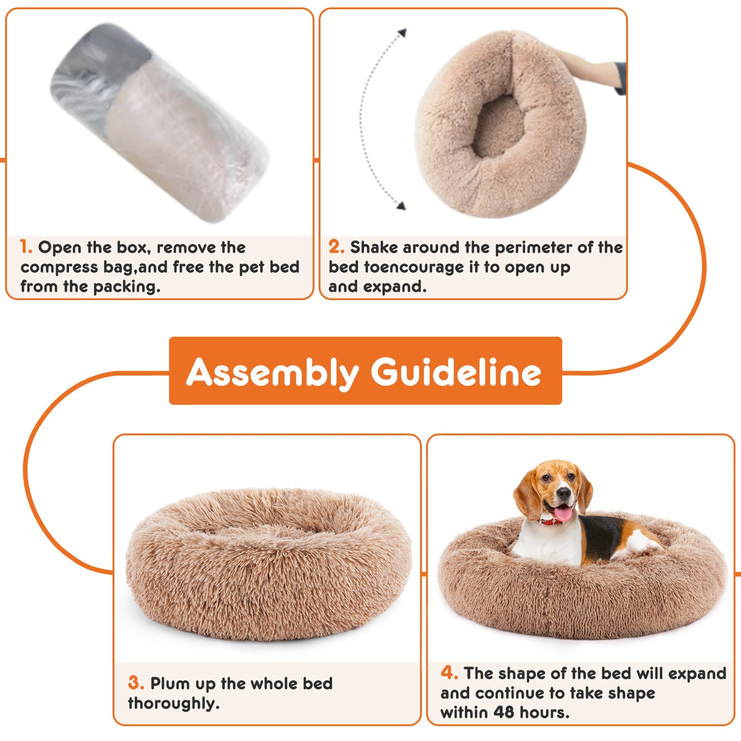 Comfy 24” Anti-Slip Round Plush Faux Fur Bed, Fits Up To 25 Lbs for Cats & Dogs