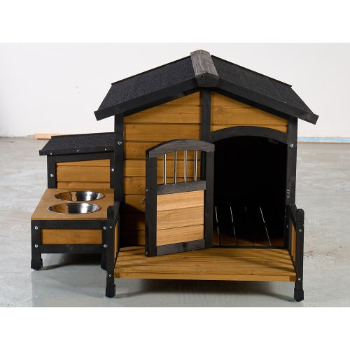 Large Wooden Weatherproof Doghouse with Storage Box and Feeding Station