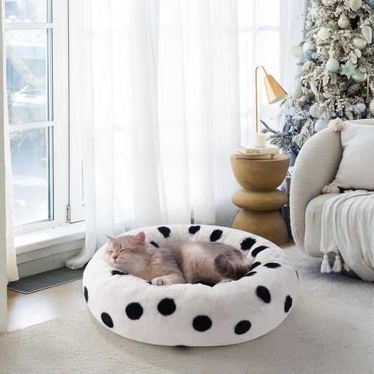 MEWOOFUN Artsy Plush 23” Round Polkadot Washable Pet Bed for Small Dogs & Cats