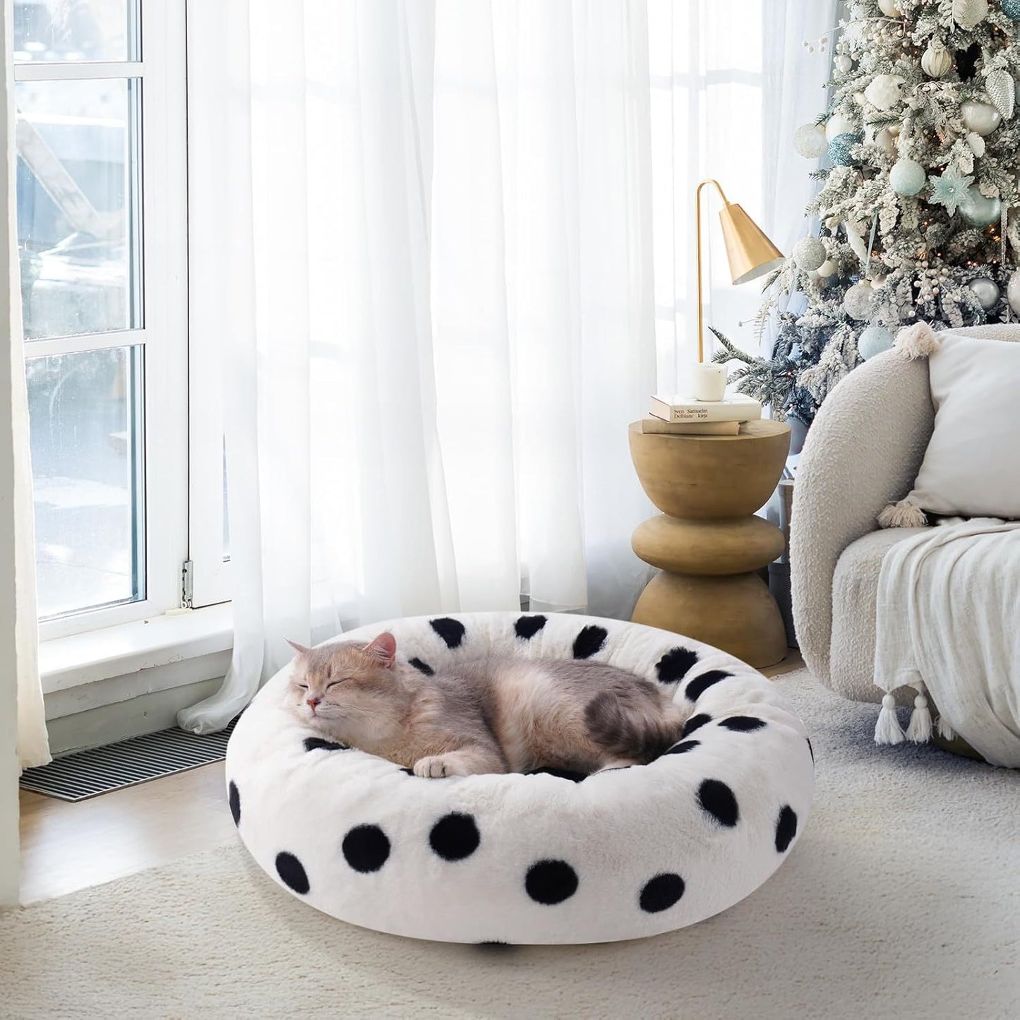 MEWOOFUN Artsy Plush 23” Round Polkadot Washable Pet Bed for Small Dogs & Cats
