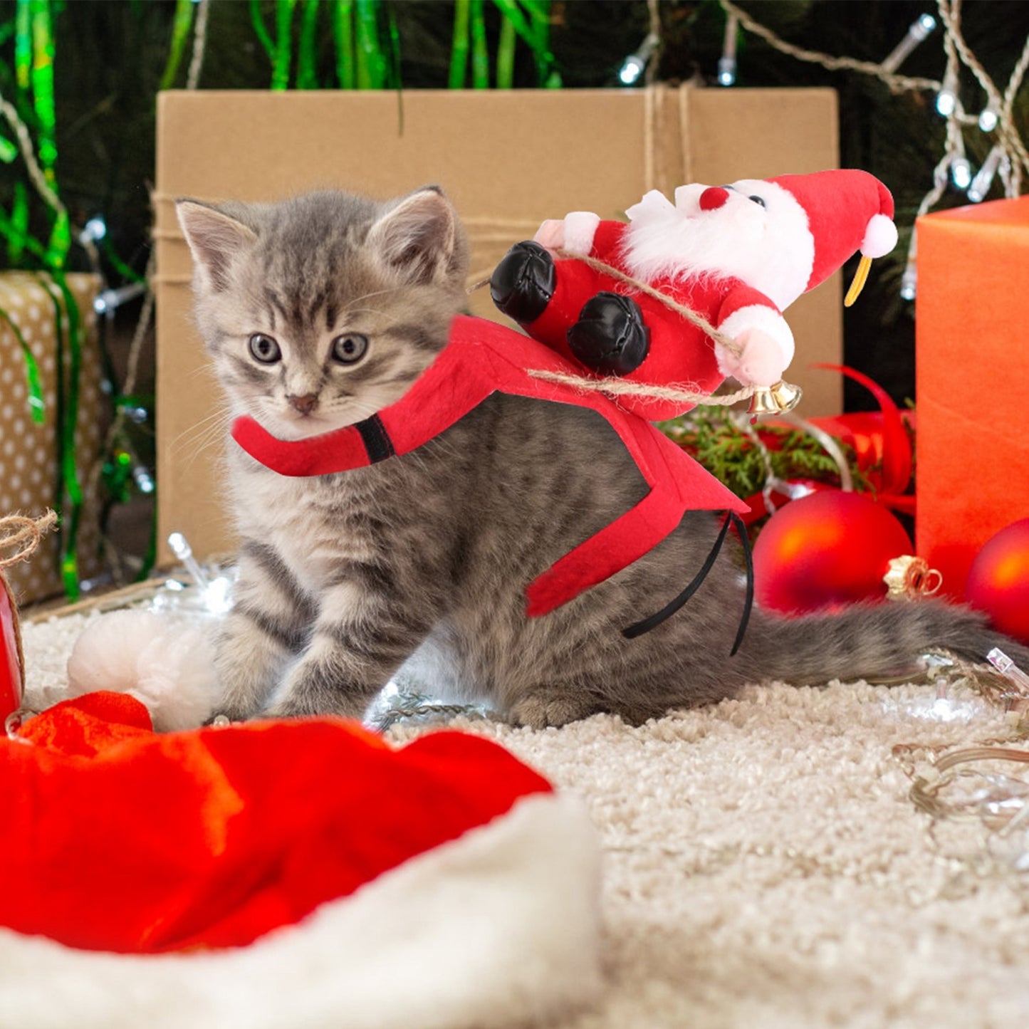 Festive Christmas Themed Riding Santa Claus with Bell Costume for Cats & Dogs