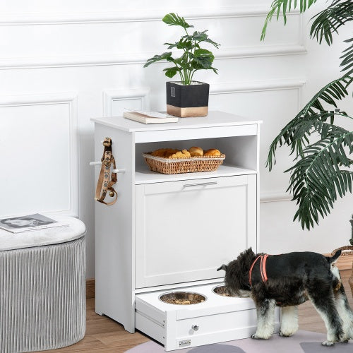 White Contemporary Pet Feeder Station with Storage Containers for Cats & Dogs (Must Have)