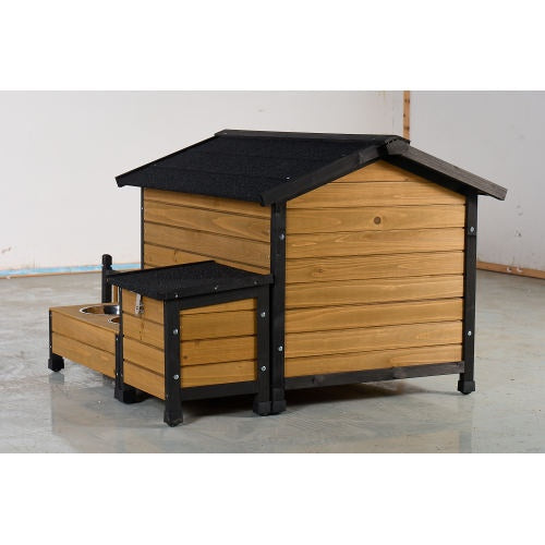 Large Wooden Weatherproof Doghouse with Storage Box and Feeding Station