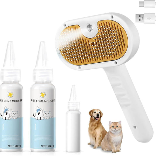 3-in-1 Steam Brush + Hair Removal Comb with Waterless Shampoo for Cats & Dogs
