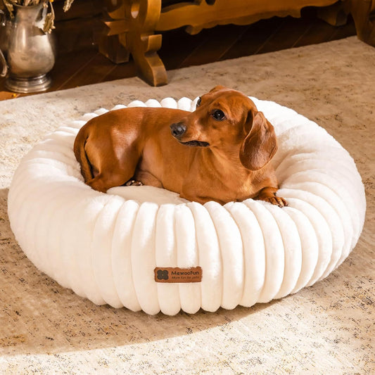 MEWOOFUN Cream Fluffy Round Donut Bed with Non-Slip Bottom for Cats & Dogs