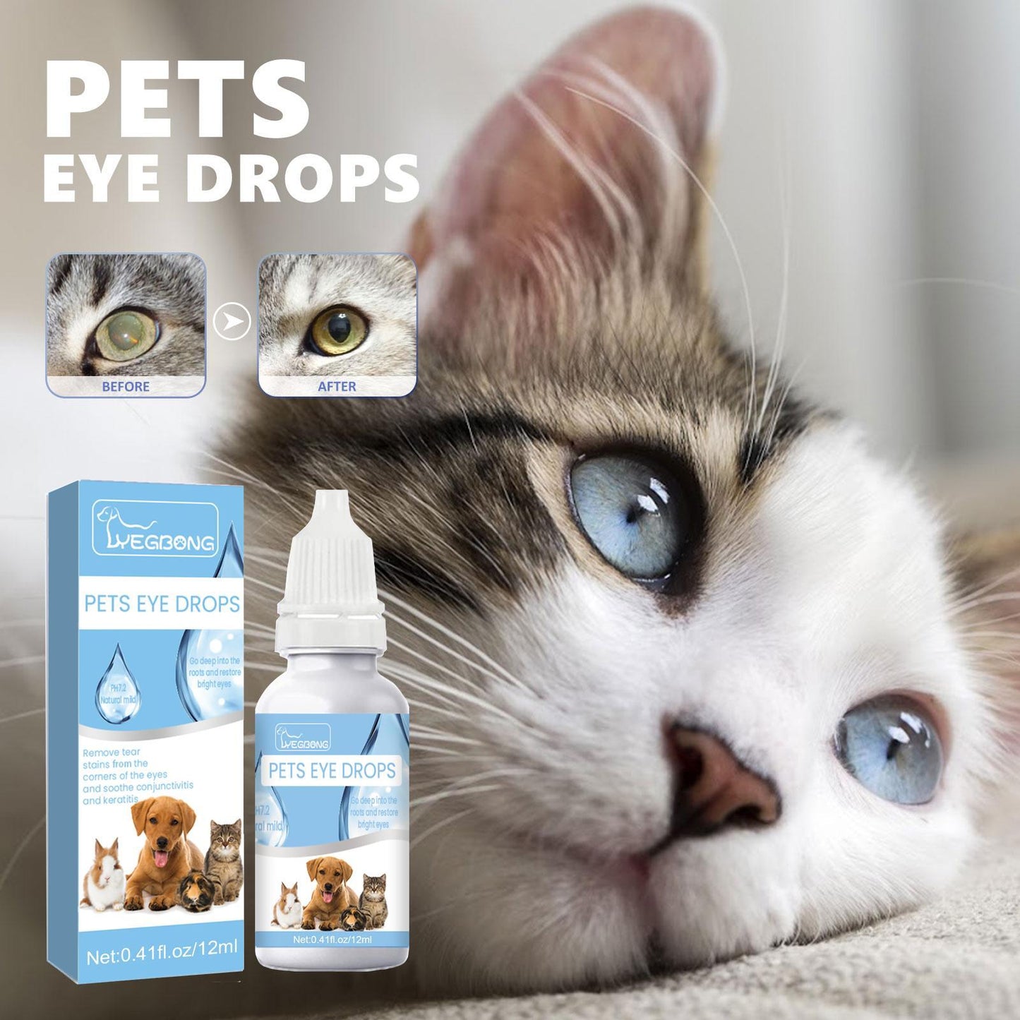 Yegbong Eye Drops with Vitamin B6 and Taurine to Relieve Irritated Eyes, Conjunctivitis and Tear Stains for Cats & Dogs