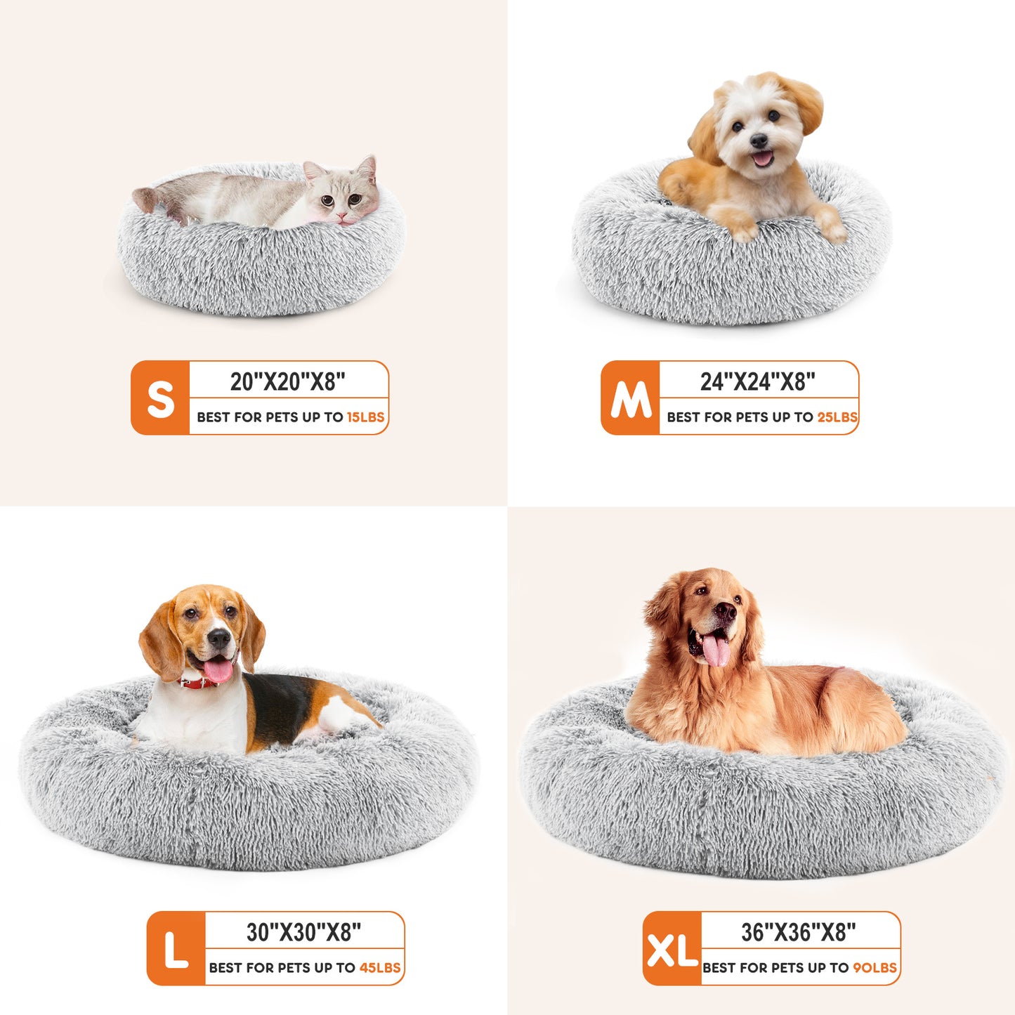 Comfy 24” Anti-Slip Round Plush Faux Fur Bed, Fits Up To 25 Lbs for Cats & Dogs
