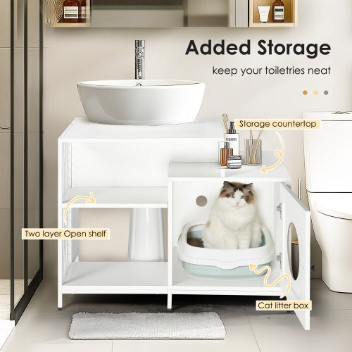 2-in-1 Vanity with Cat Litter Box Enclosure and Storage Shelves for Bathroom
