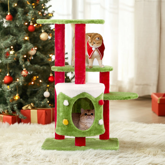 Festive 32” 3-Level Christmas Themed Cat Tower with Climbing Frame