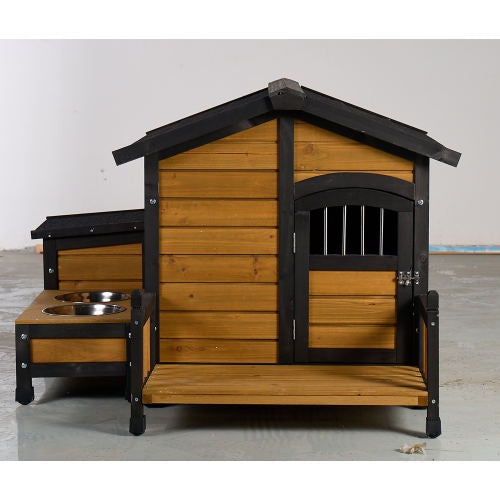 Large Wooden Weatherproof Doghouse with Storage Box and Feeding Station
