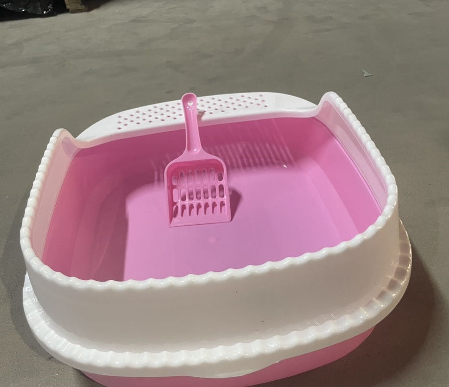 Vibrant Pink & White Cat Litter Box with Scooper (Easy Cleaning)