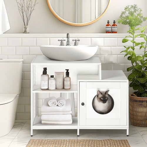 2-in-1 Vanity with Cat Litter Box Enclosure and Storage Shelves for Bathroom